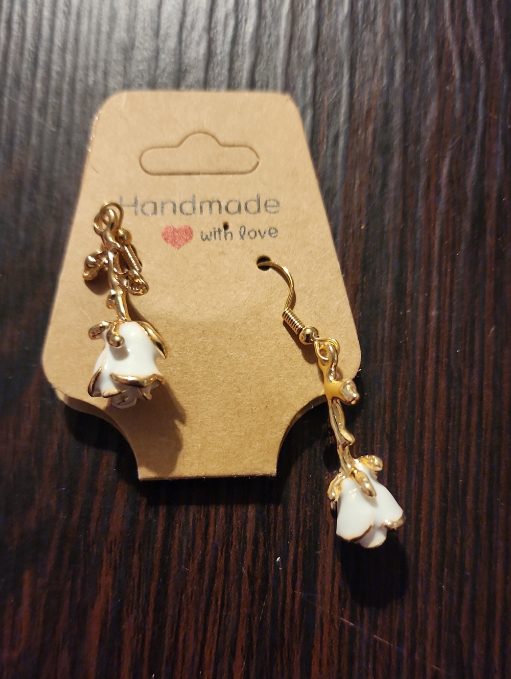 White Floral Drop Earrings - Gold Accents